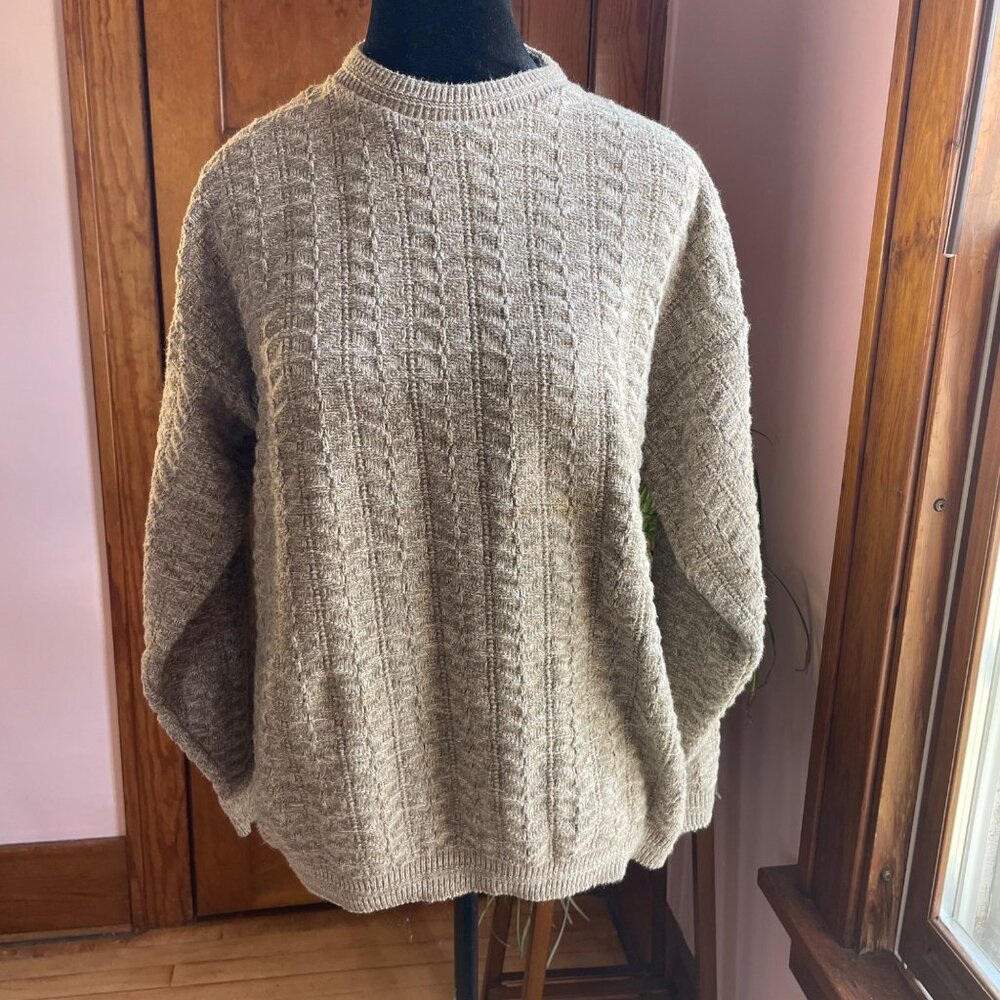 VTG 80s Cricketeer Sweater Men M Beige Textured Fisherman Hand Framed Grandpa